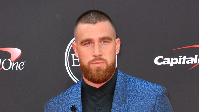 Travis Kelce embroidered blue suit