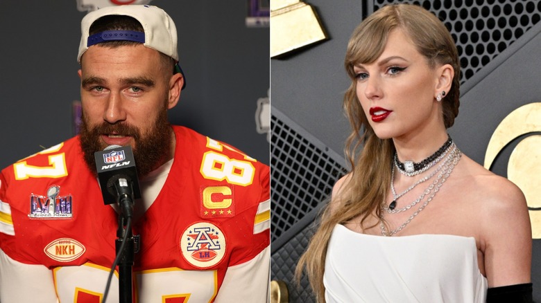 Split image of Travis Kelce and Taylor Swift in close-up 