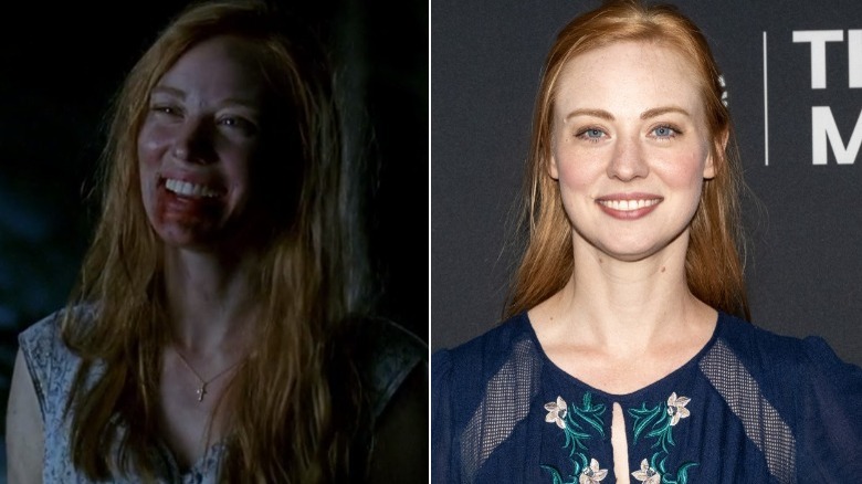 Deborah Ann Woll smiling in "True Blood" and smiling at a 2022 event