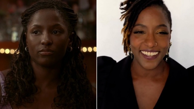 Rutina Wesley in "True Blood" and smiling during a virtual awards show