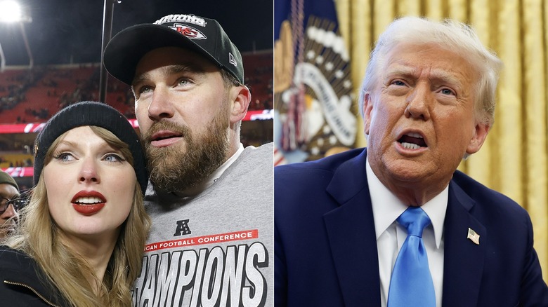 Split image of Taylor Swift and Travis Kelce at the 2025 AFC Championship game and Donald Trump speaking in the Oval Office