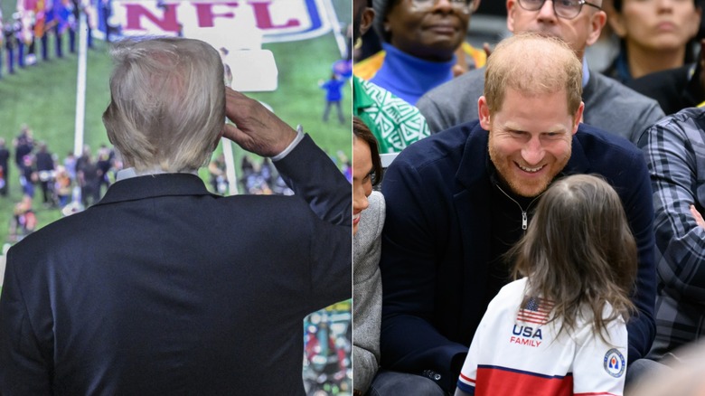 Split image of Donald Trump saluting at the start of Super Bowl LIX, Prince Harry smiling at little girl