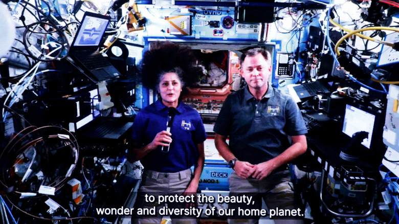 Sunita Williams speaks from the International Space Station with her hair standing up