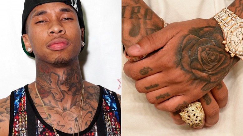 Close-up of Tyga's face tattoo