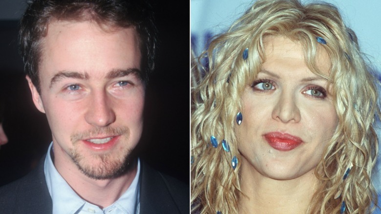 Edward Norton smiling, Courtney Love posing