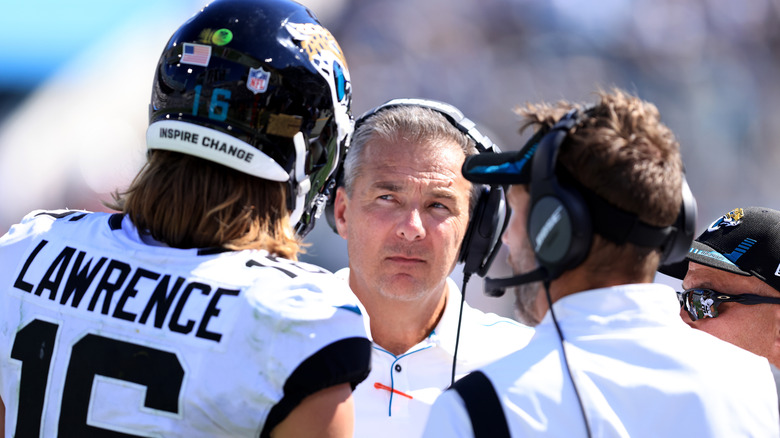 Meyer speaking with a player