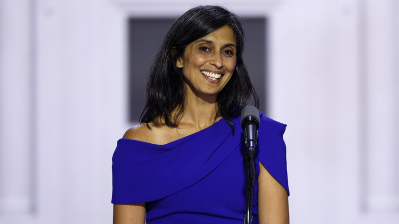 Usha Vance standing at a podium