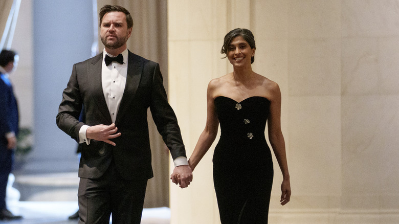 Usha Vance wearing off-shoulder black dress for vice-presidential dinner