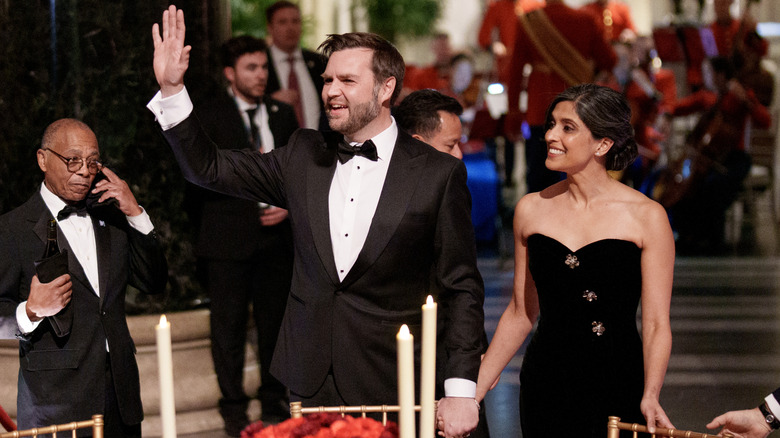 Usha Vance wearing off-shoulder black dress for vice-presidential dinner