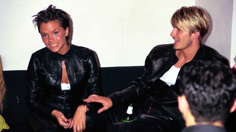 Victoria and David Beckham in leather