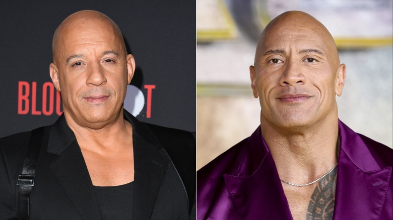 Vin Diesel posing; Dwayne Johnson in a purple shirt