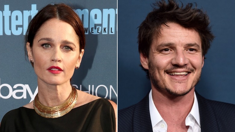 Robin Tunney, Pedro Pascal posing in split image