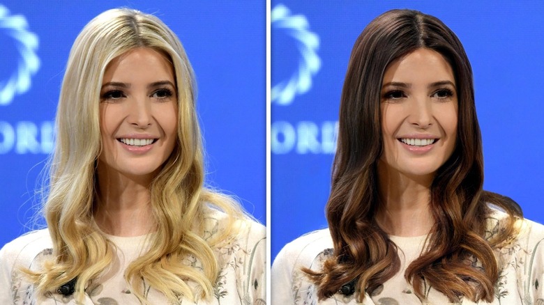 Side-by-side of Ivanka trump with dark brown hair and blond hair