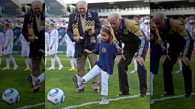 Natalie Biden kicking soccer ball