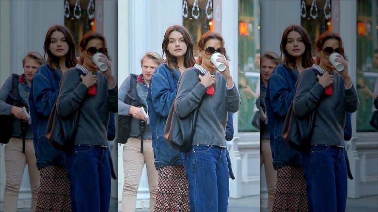 Katie Holmes and daughter Suri Cruise drinking coffee