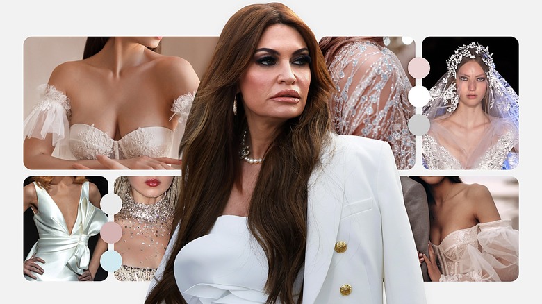 Kimberly Guilfoyle wearing white against a backdrop of wedding dresses