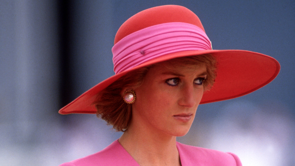 Princess Diana wearing a wide-brimmed hat looking off into the distance