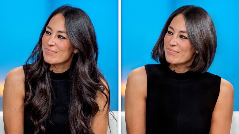 Split image of Joanna Gaines with long and short hair