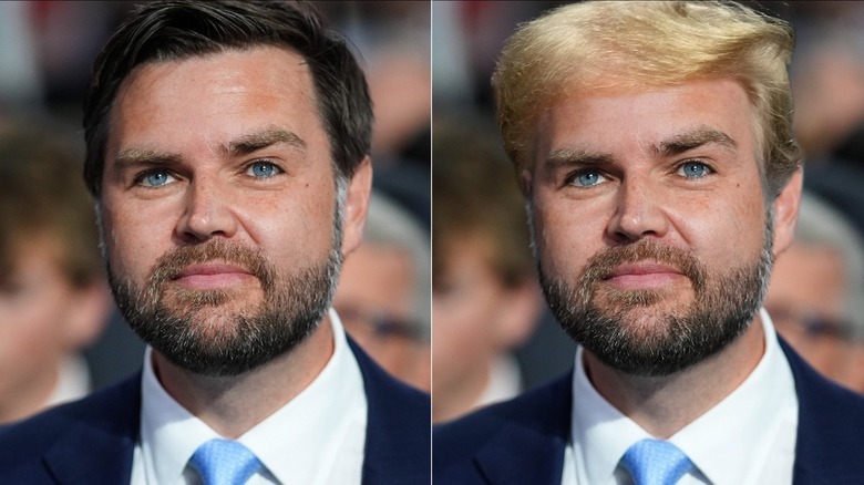 Split image of JD Vance with dark, blond hair