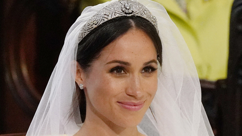 Meghan Markle wearing veil and tiara