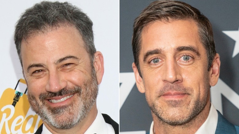 Split image of Jimmy Kimmel and Aaron Rodgers