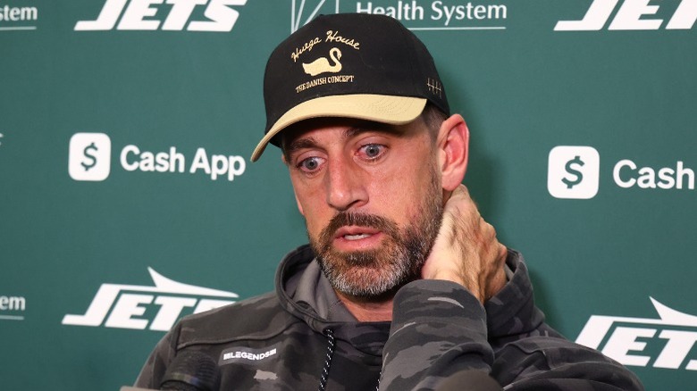 Aaron Rodgers giving a post-game press conference (2024)