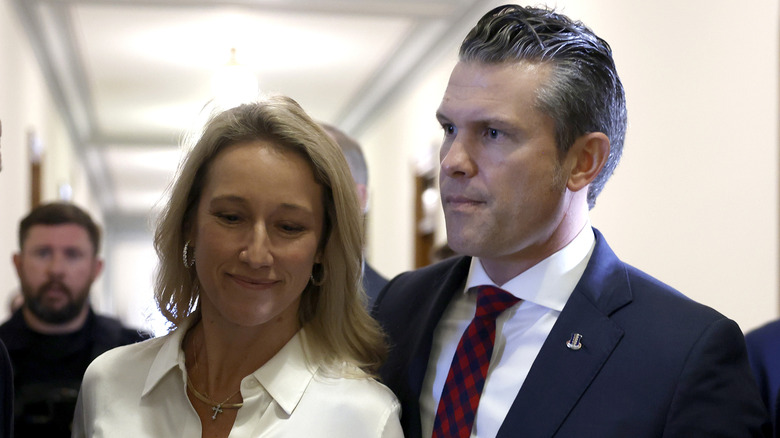 Jennifer Rauchet and Pete Hegseth arriving for a meeting at the Russell Senate Office Building