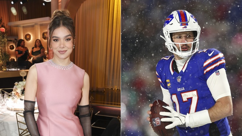 Hailee Steinfeld in a pink dress; Josh Allen on the field