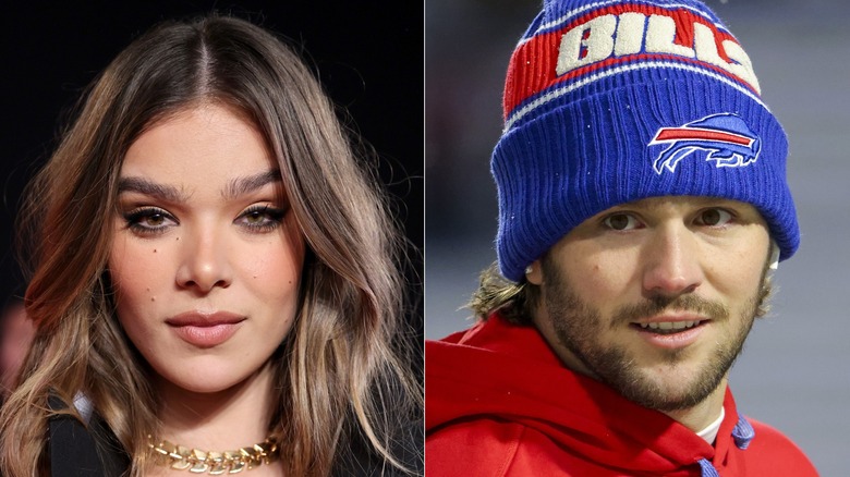 Hailee Steinfeld serious; Josh Allen wearing a blue beanie-style hat