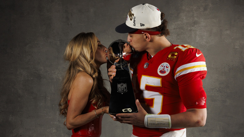 Brittany, Patrick Mahomes kissing Super Bowl trophy