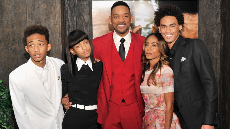 Jaden Smith, Willow Smith, Will Smith, Jada Pinkett Smith, and Trey Smith at the After Earth premiere