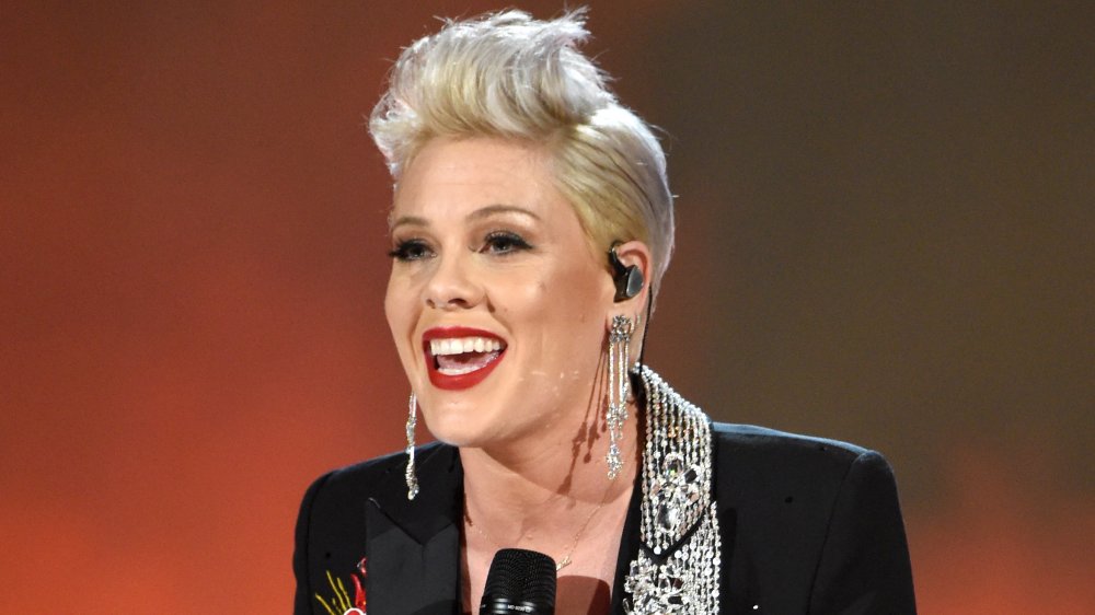 Pink smiling while performing onstage