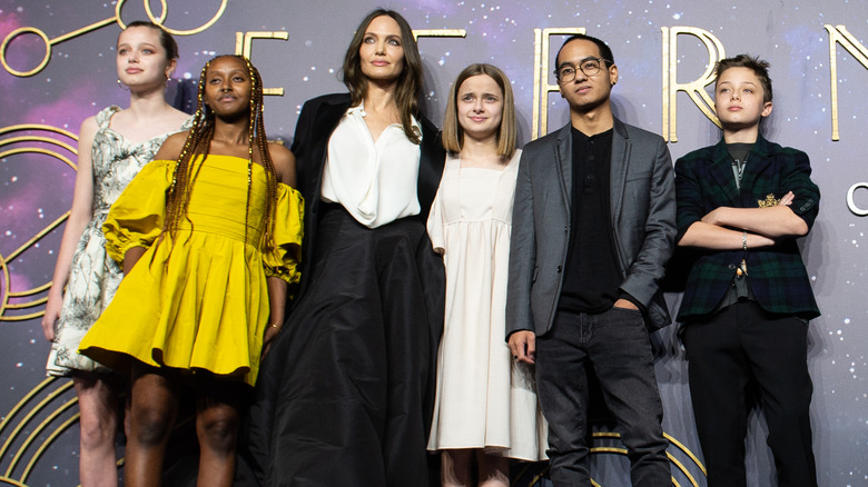 Shiloh Jolie-Pitt, Zahara Jolie-Pitt, Angelina Jolie, Vivienne Jolie-Pitt, Maddox Jolie-Pitt, and Knox Jolie-Pitt at "Eternals" screening