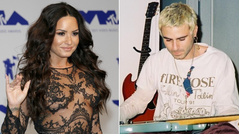 A composite image of Demi Lovato on a red carpet and Henri Levy holding a guitar