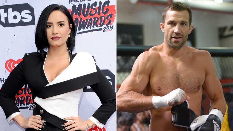 A composite image of Demi Lovato on a red carpet and Luke Rockhold in the gym