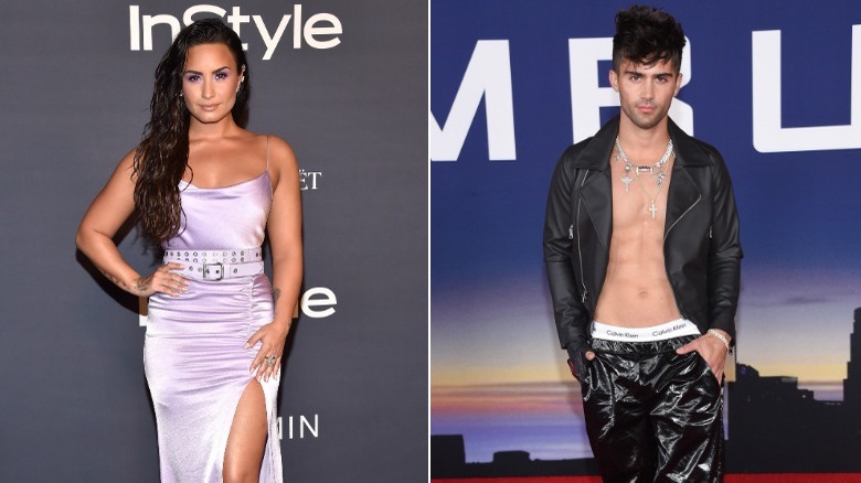 A composite image of Demi Lovato and Max Ehrich on red carpets