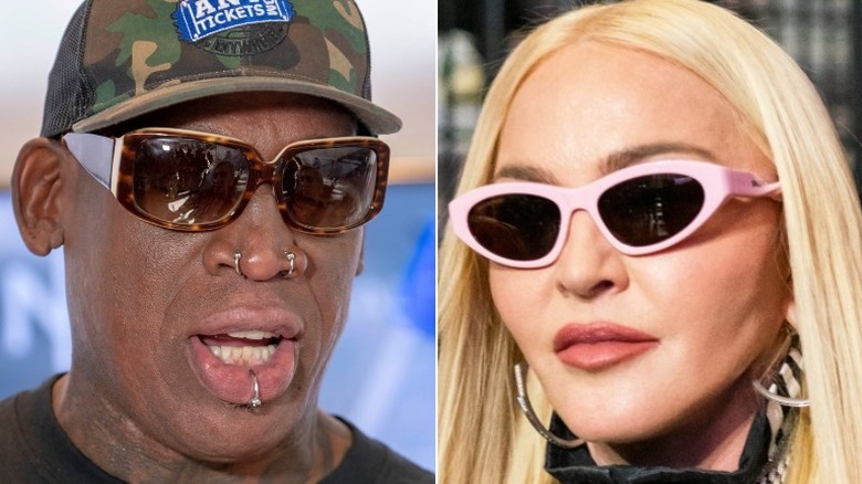 Madonna and Rodman wear dark glasses, split image