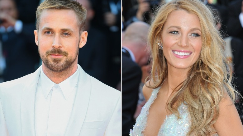 Ryan Gosling in white suit, Blake Lively smiling