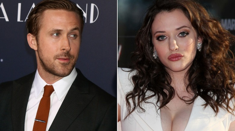 Ryan Gosling looking to side, Kat Dennings with curly hair