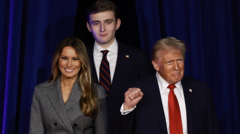 Melania Trump, Barron Trump, and Donald Trump on stage on election night 2024