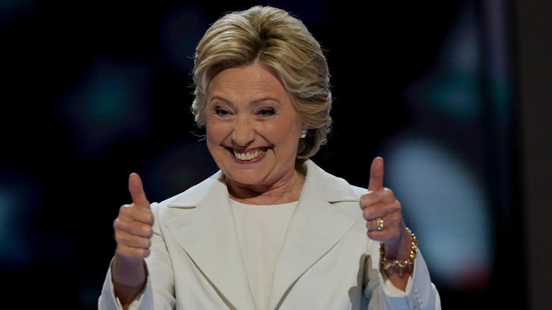 Hillary Clinton gives two thumbs up