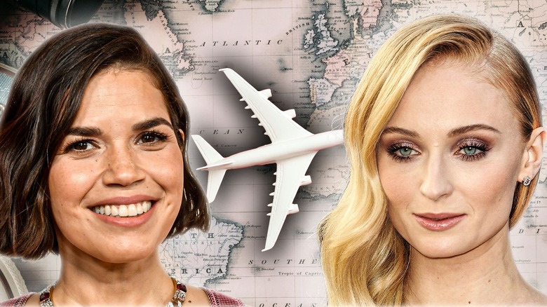 side by side photos of America Ferrara and Sophie Turner in front a map and an airplane