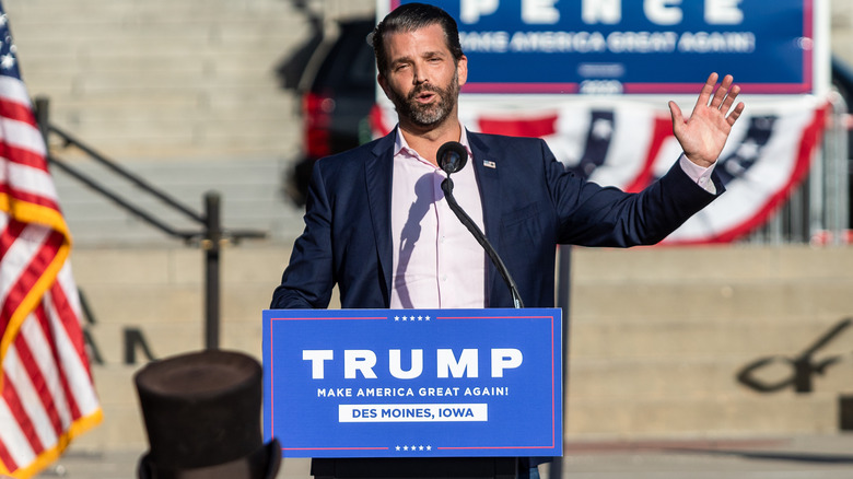 Donald Trump Jr speaks at the Iowa State Capitol for his father, President Donald Trump in 2020