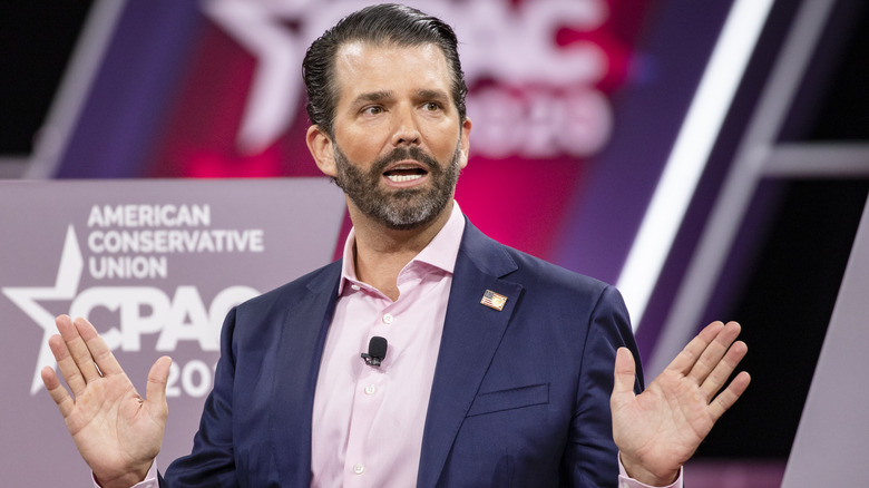 Donald Trump Jr. speaking on stage during the Conservative Political Action Conference 2020