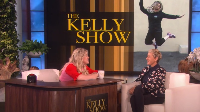 Ellen DeGeneres and Kelly Clarkson on talk show set