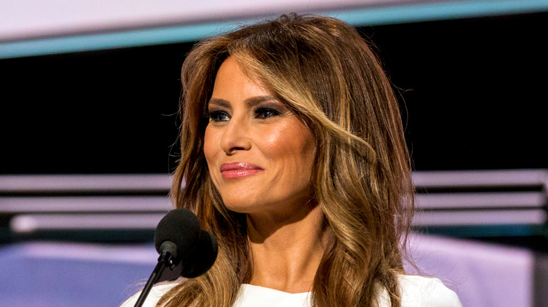 Melania Trump addresses the Republican National Nominating Convention from the podium in the Quicken Sports Arena