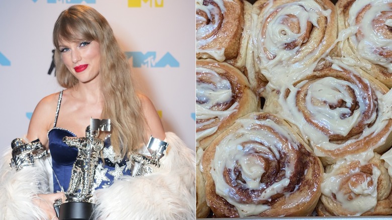 Split image of Taylor Swift and cinnamon buns