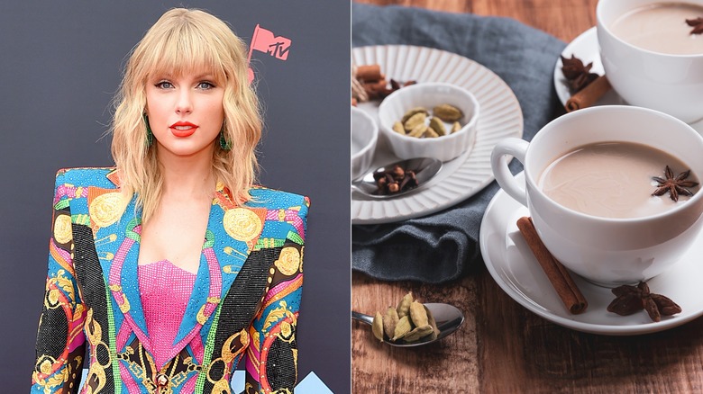 Split image of Taylor Swift and chai