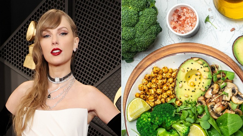 Split image of Taylor Swift and a salad