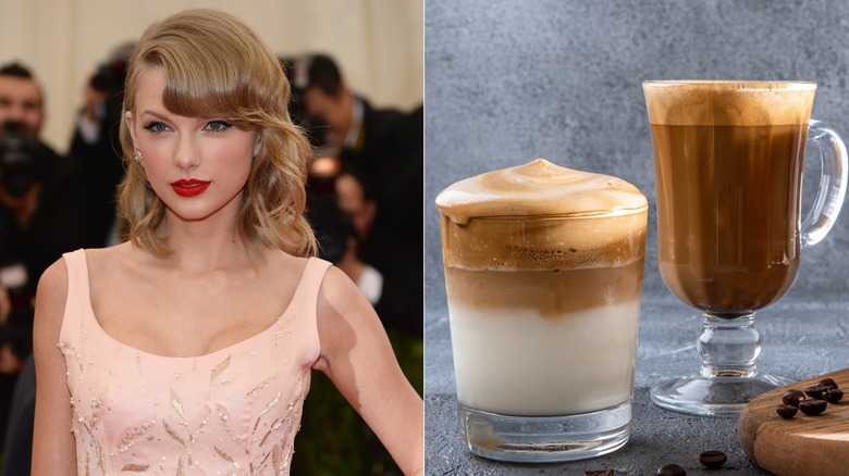 Split image of Taylor Swift and coffee